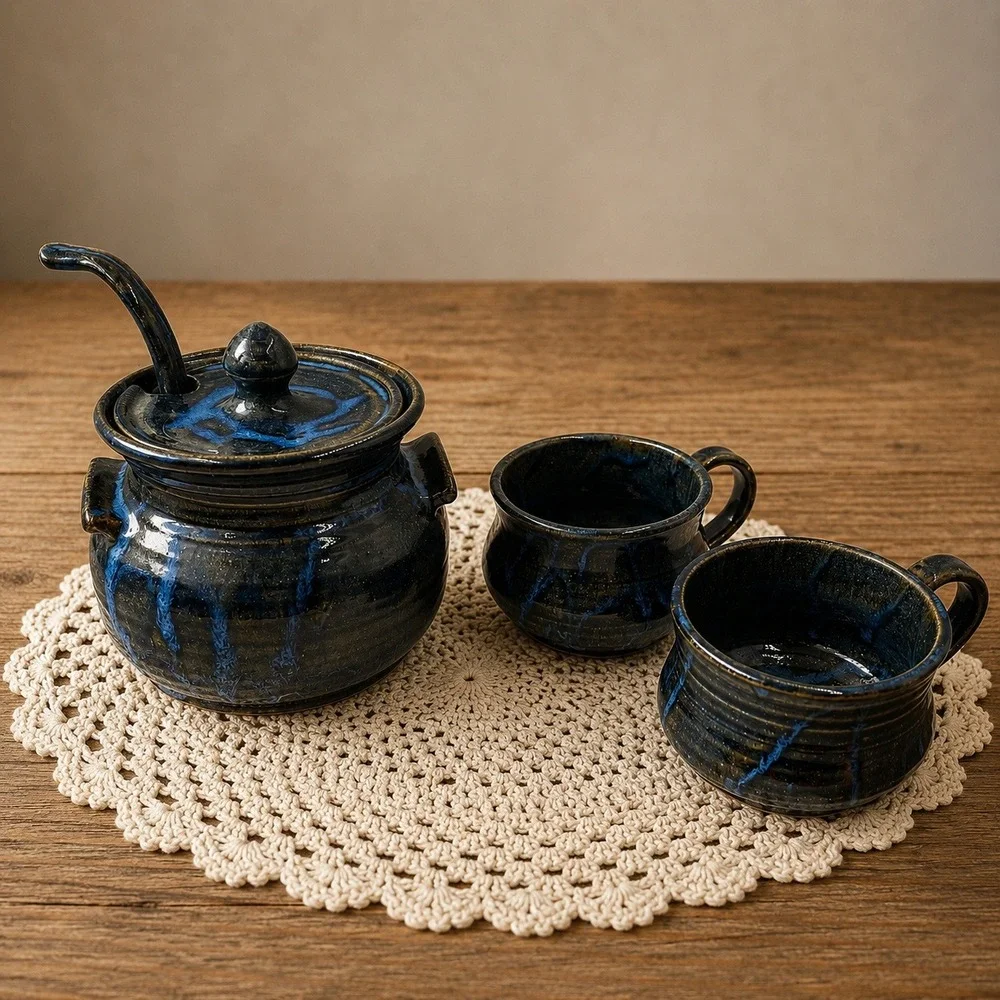 Vintage Signed Studio Pottery Soup Pot with Lid Ladle and 2‎ Bowls Blue Glaze